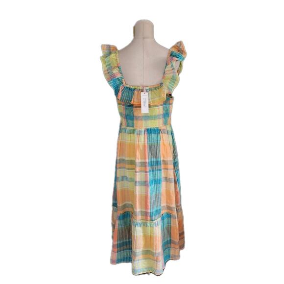 Vineyard Vines Plaid Lemon Tart Smocked Linen Ruffle Midi Dress Large NWT $228 - Picture 2 of 7